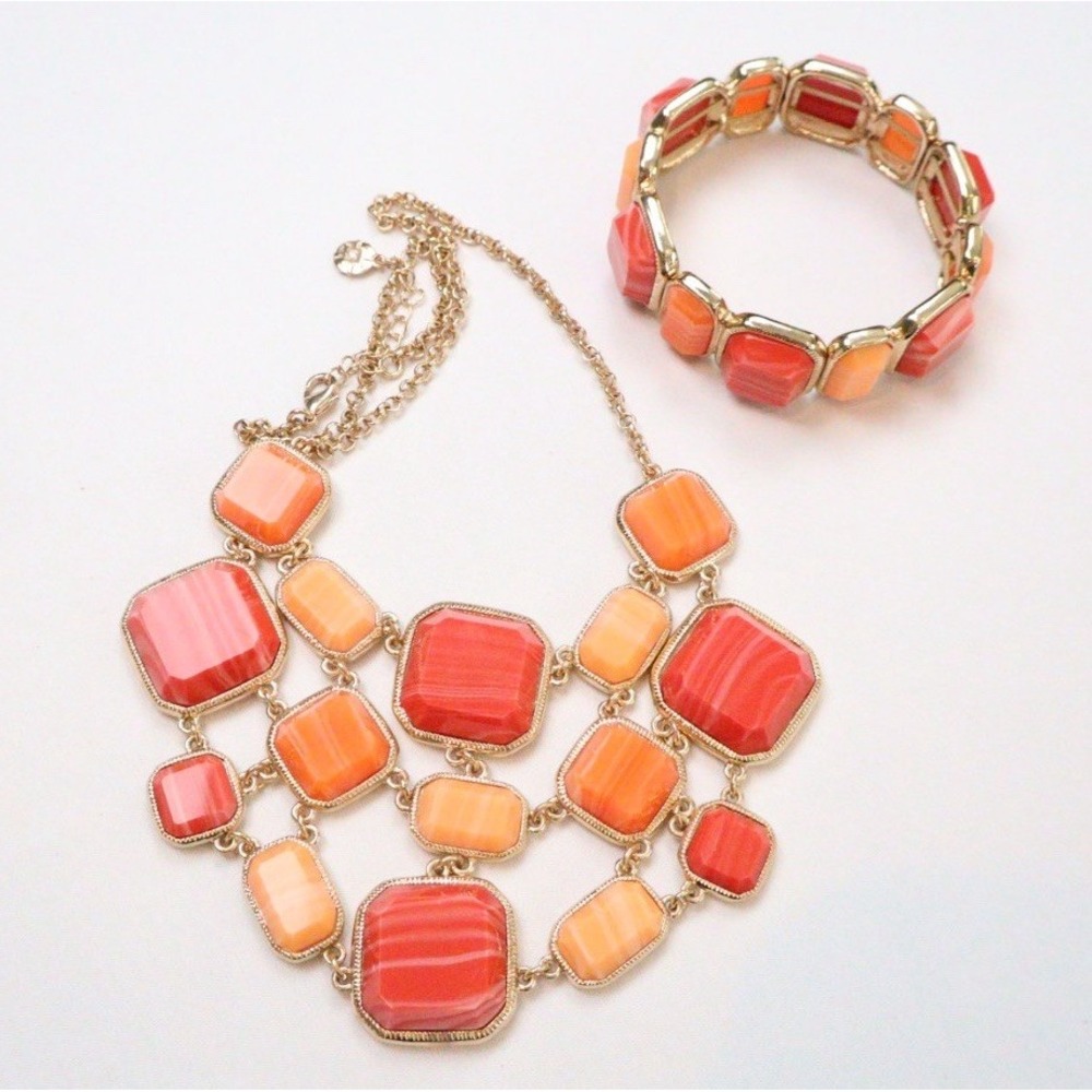 Monet Necklace Bracelet Set Gold Faux Coral Geometric Statement Bib